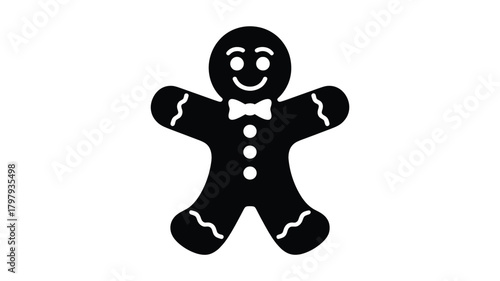 A classic black and white simple graphic silhouette of a smiling gingerbread man cookie with a bow tie and buttons on a white background