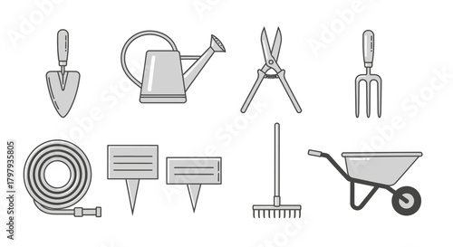 Gardening tools: trowel, can, shears, rake, wheelbarrow hose
