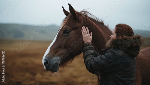 Woman Gently Petting a Brown Horse in a Serene Rural Landscape During Cloudy ...