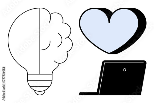 Lightbulb split with brain, heart shape, and laptop representing creativity, empathy, and digital progress. Ideal for innovation, technology, teamwork education empathy solutions progress. Simple