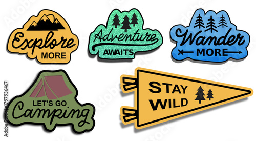 set of vector labels, Outdoor adventure badge set featuring camping quotes and forest illustrations. Perfect for t-shirt designs, stickers, travel gear, or hiking-themed merchandise