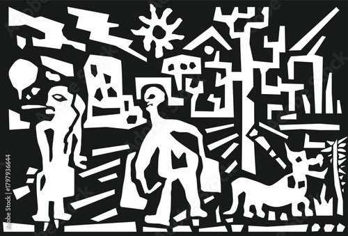 Primitivism painting, black and white, man woman and dog and tree. Collage hand draws doodles. Vector illustration