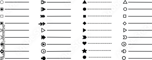 BULLET POINTS. MINIMALISTIC BULLET POINT ICONS WITH ARROW, DOTS AND STAR, HEART SHAPES, VECTOR SET FOR UI UX DESIGN, WEB DEVELOPMENT, PRESENTATIONS AND INFOGRAPHICS VECTOR ILLUSTRATION