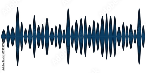 Black podcast sound wave patterns with varying amplitude bars for audio visualization and media interfaces. Digital frequency lines on white bg for music players