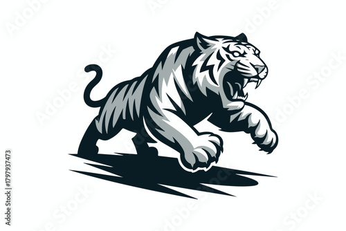 Roaring Sprinting Tiger Power Design, Aggressive Strength Emblem in Silver and Black Vector