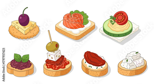 Assortment of tasty canapés and tapas appetizers for parties