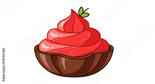 Sweet strawberry cupcake illustration with green leaf garnish
