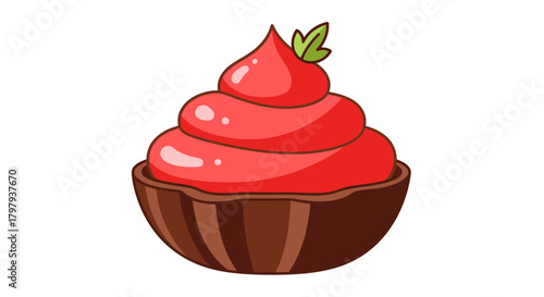 Vibrant cartoon sweet dessert with red frosting and leaf garnish