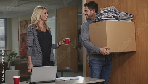 Colleagues Engaging in Conversation While Moving Office Supplies in a Workspace