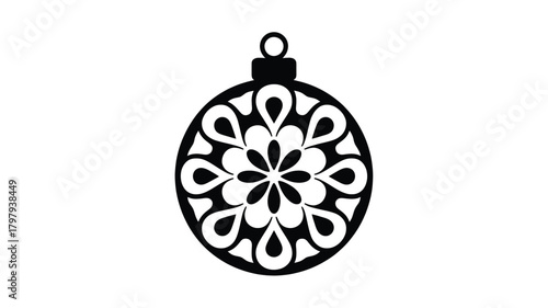 Elegant oval shaped christmas ornament with intricate floral snowflake pattern in a stark black silhouette against a white background