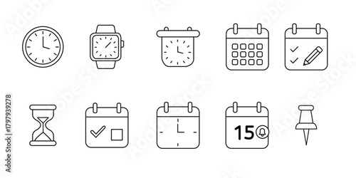 Time, Clock, and Calendar Outline Icon Set - Appointment, Schedule, and Planning Interface Symbols