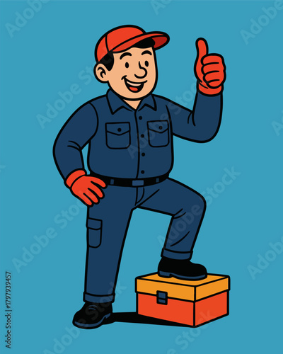 Cartoon vector illustration of a handyman or plumber character standing and working with a wrench and plunger tool