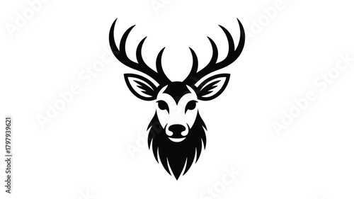 Majestic deer head silhouette with impressive antlers and detailed fur texture a powerful symbol of nature and wildlife in a striking black and white design silhouette