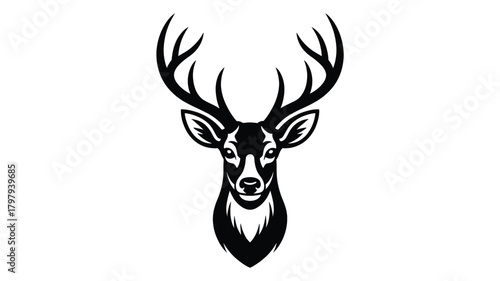 Majestic stag head with impressive antlers depicted in a striking black and white silhouette against a clean white background symbolizing nature and wildlife
