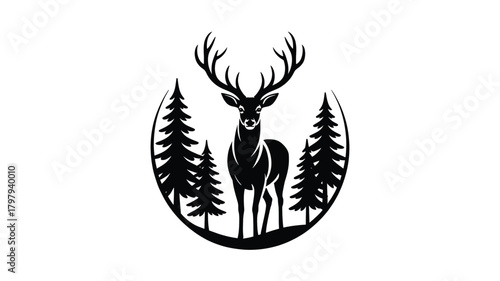 Majestic stag standing tall in a dense forest of pine trees creating a striking oval silhouette on a white background
