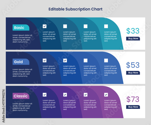 Subscription plans pricing comparison table infographic template: Landscape business price chart template, Web banner checklist template design. Design a price list comparison table.
