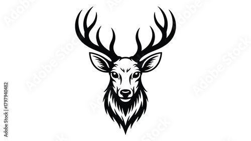 Majestic stag head with impressive antlers depicted in a striking black and white silhouette style on a plain background