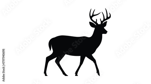 Majestic male deer with large antlers captured in a striking black silhouette against a clean white background showcasing its elegant profile and graceful stride silhouette
