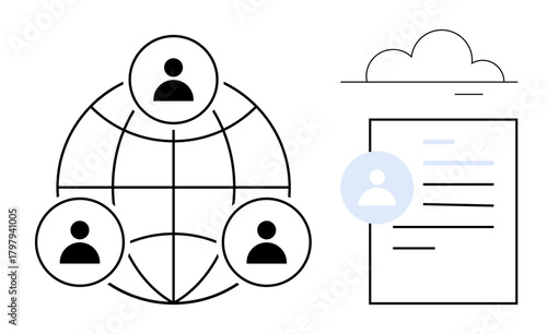 Interconnected individuals on a globe and a cloud-supported document symbolize teamwork, digital communication, and online data storage. Ideal for workflow, cooperation, remote work, networking