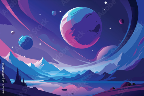 Cosmic landscape minimalist background with vibrant planets above a tranquil lake reflecting an alien sky and futuristic mountains, vector illustration of an interstellar journey through serene space