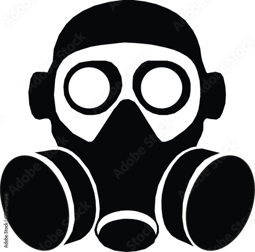 Black silhouette of a futuristic gas mask with large eye lenses and double filters on a white background.
