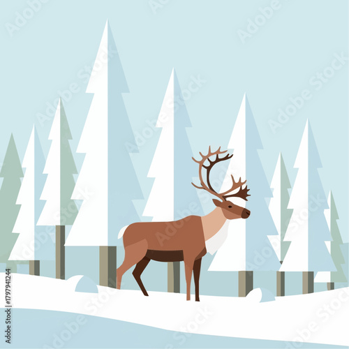 Reindeer standing in snowy forest, flat vector illustration, brown white blue, arctic wildlife