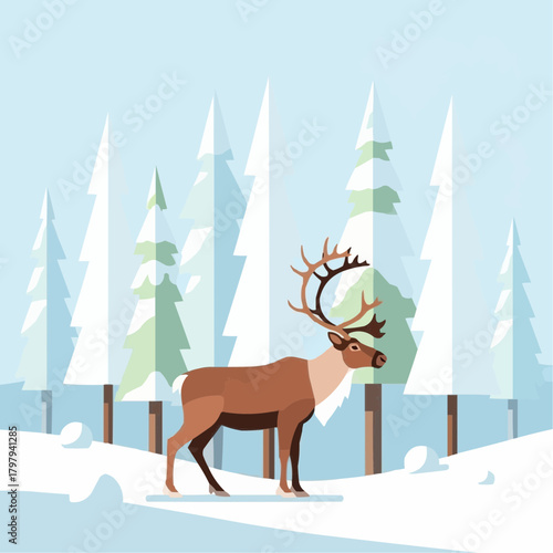 Reindeer standing in snowy forest, flat vector illustration, brown white blue, arctic wildlife