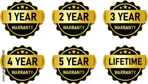 Collection of six golden warranty badges with different durations including one two three four five year and lifetime guarantees