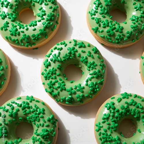 Group of Green Donuts With Sprinkles Arranged on a White Surface for a Festiv...