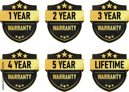 Collection of six distinct shield emblems representing various warranty durations from one year to lifetime with star accents and golden ribbons