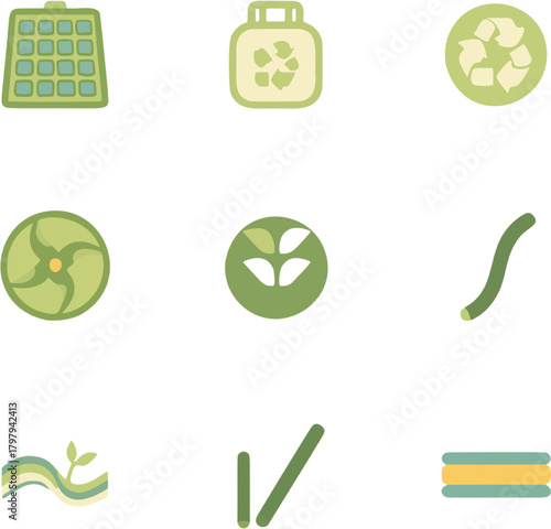 Green icons representing environmental protection, recycling, and sustainable living with nature and eco-friendly themes