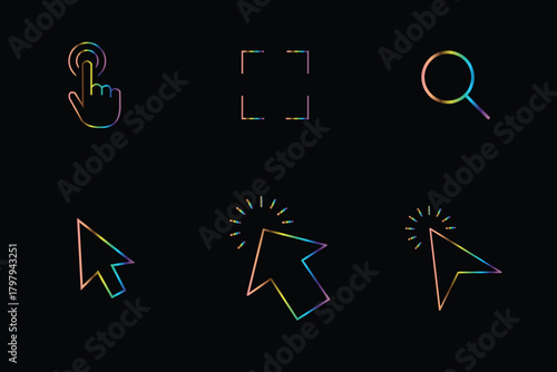 Neon Gradient Cursor Icons Set Vector Pointer Click Tap Search UI on Black