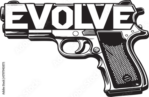 A black and white illustration of a handgun with the word EVOLVE prominently displayed across its slide, suggesting a thematic connection.