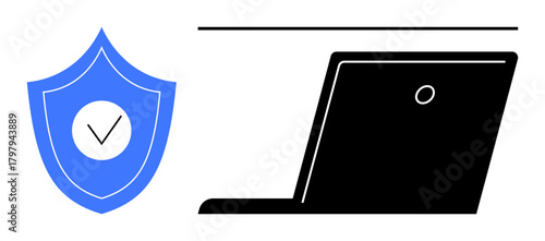 Black laptop silhouette next to a blue shield with a checkmark, symbolizing safe browsing, data protection, cybersecurity, privacy, trust, secure communication, technology assurance. A simple flat