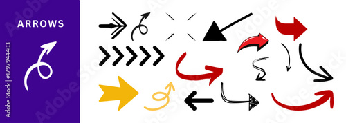 Colorful Arrows Pack: Red Curve, Yellow Bold, Black Sharp, Curly Swirl, Wave Line, Smooth Flow, Vibrant Point, Dynamic Turn, Modern Design, Presentation Slide, Graphic Element, Visual Guide, Trendy 