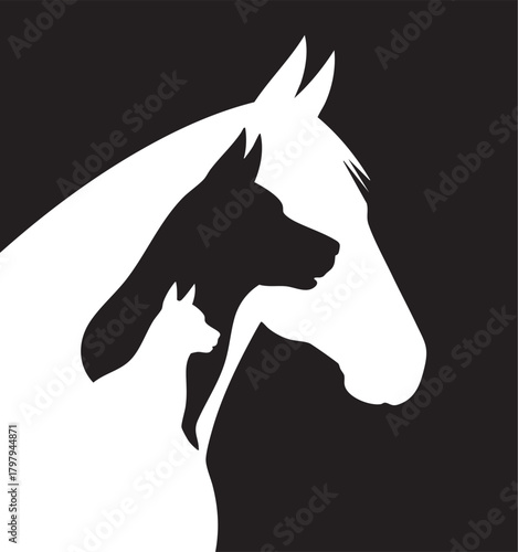 A minimalist graphic featuring the silhouette of a horse, with the silhouettes of a dog and a cat nested within its head and neck.
