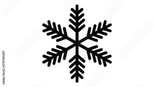 A stark black silhouette of a six pointed snowflake with intricate branching arms against a clean white background representing winter and cold weather