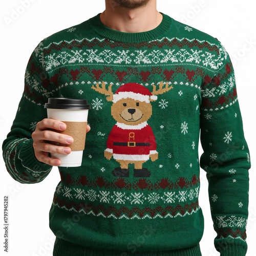 Festive Sweater With Reindeer Design Held by Person With Coffee in Urban Sett...