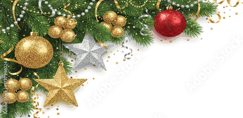 Festive Christmas Corner Decoration Golden Ornaments, Star, and Red Bauble with Fir Branches