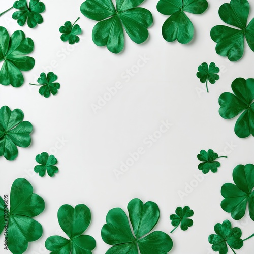 Vibrant Green Clovers Arranged in a Circular Pattern on a Simple White Backgr...