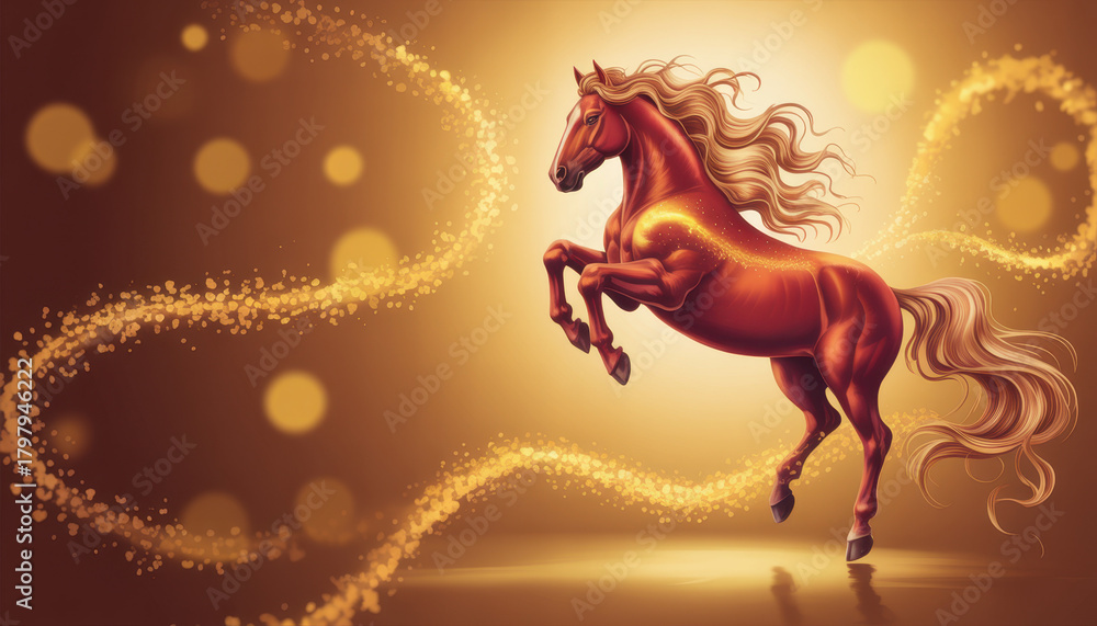 Fototapeta premium Fiery red horse rearing up digital painting with golden light trails fantasy illustration