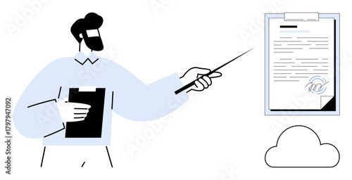 Man holding clipboard points at signed document on board. Cloud icon hints at digital storage. Ideal for data presentation, remote work, digital signature, business review, team training, online