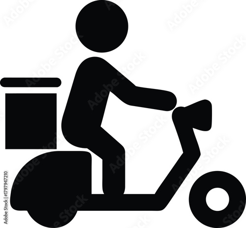 Scooter courier carrying delivery box silhouette vector icon flat design on white background
