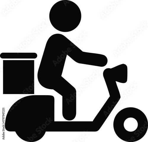 Scooter courier carrying delivery box silhouette vector icon flat design on white background