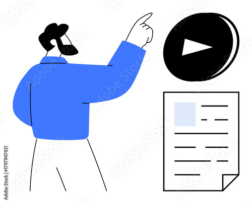 Man pointing towards a black play button alongside a single-page document layout. Ideal for video tutorial, e-learning, training, media planning, content creation, presentation, instruction. Simple