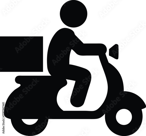 Scooter courier carrying delivery box silhouette vector icon flat design on white background