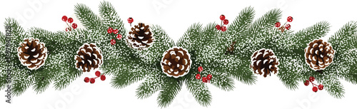 Festive Christmas garland with snow-dusted pine needles, pinecones, and red berries, perfect for holiday decorations and winter celebrations