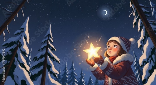 Young girl holding glowing star in snowy forest at night, concept of christmas  