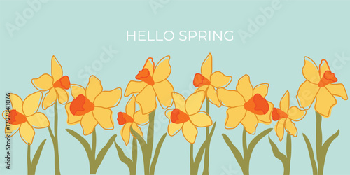 Flower background. Yellow spring flowers, botanical border, floral banner, card design. 