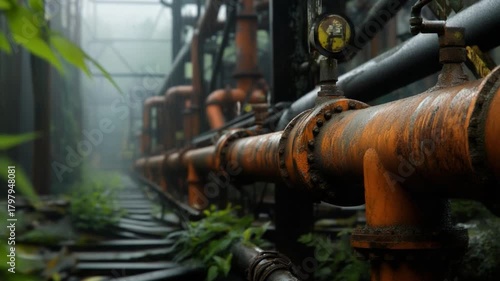 Wallpaper Mural Industrial Pipeline Panorama: A weathered and rusty industrial pipeline stretches into the misty distance, interwoven with lush vegetation, a testament to the intersection of nature and industry. Torontodigital.ca